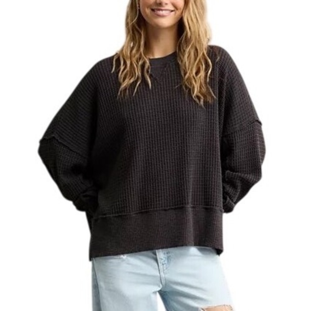 American Eagle Seriously Lived-In Waffle Knit Oversized Thermal Top Gray M